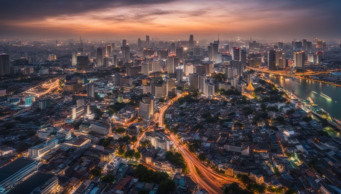 An aerial view of Bangkok cityscape with landmarks highlighted on an interactive map, showcasing the bustling atmosphere.