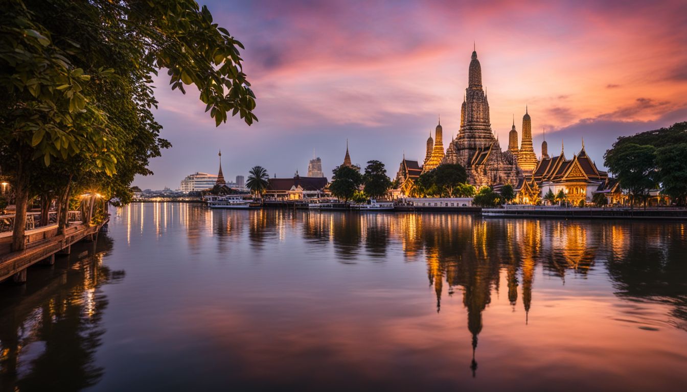 The photo captures the stunning reflection of Wat Arun's spires in the calm waters of the Chao Phraya River, showcasing its beauty.
