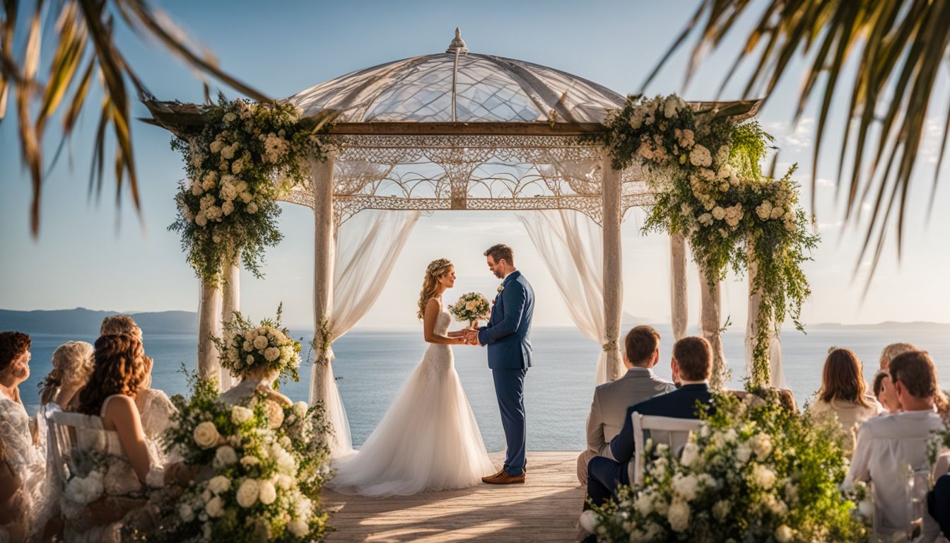 A couple exchanges vows in a beautifully decorated wedding gazebo overlooking the ocean.