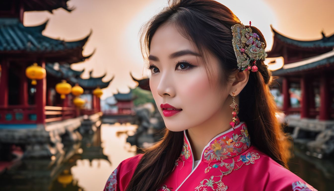 A woman wearing a traditional Vietnamese ao dai stands in front of a vibrant temple.