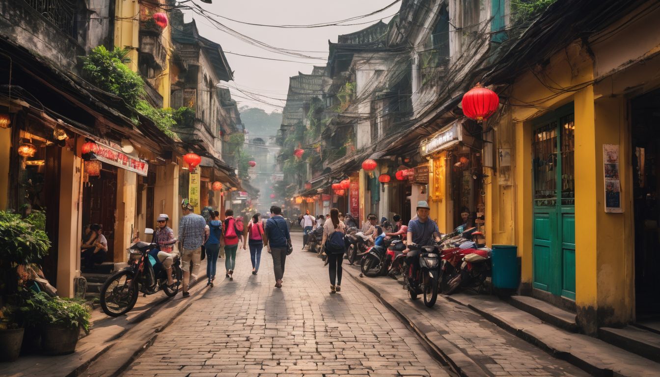 A diverse group of tourists explore the vibrant streets of Hanoi, captured in a crystal clear and immersive photograph.