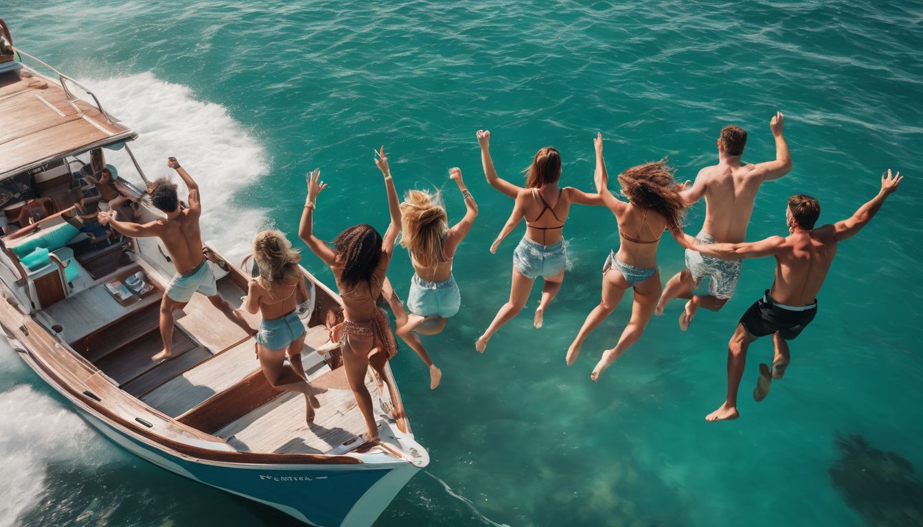 A group of diverse friends joyfully jumping off a boat into clear turquoise water.