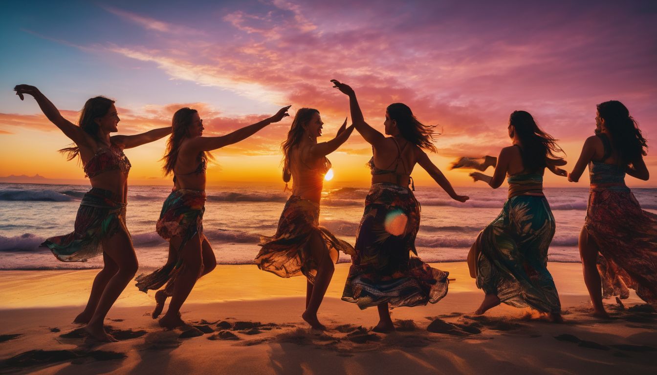 A diverse group of friends enthusiastically dancing hula under a vibrant sunset sky.