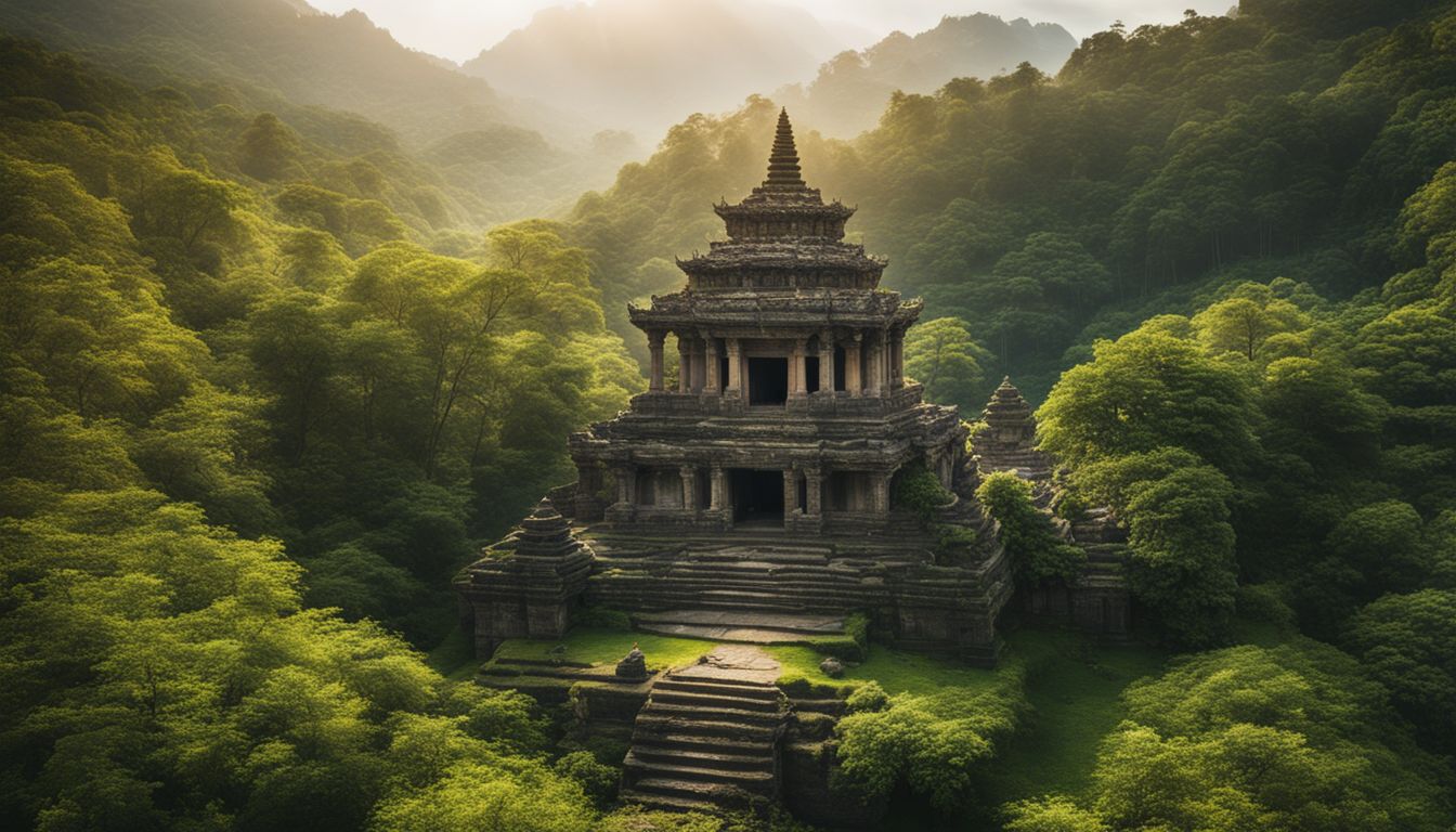 A photo of an ancient temple surrounded by lush greenery, capturing a bustling atmosphere and showcasing different individuals and their unique styles.