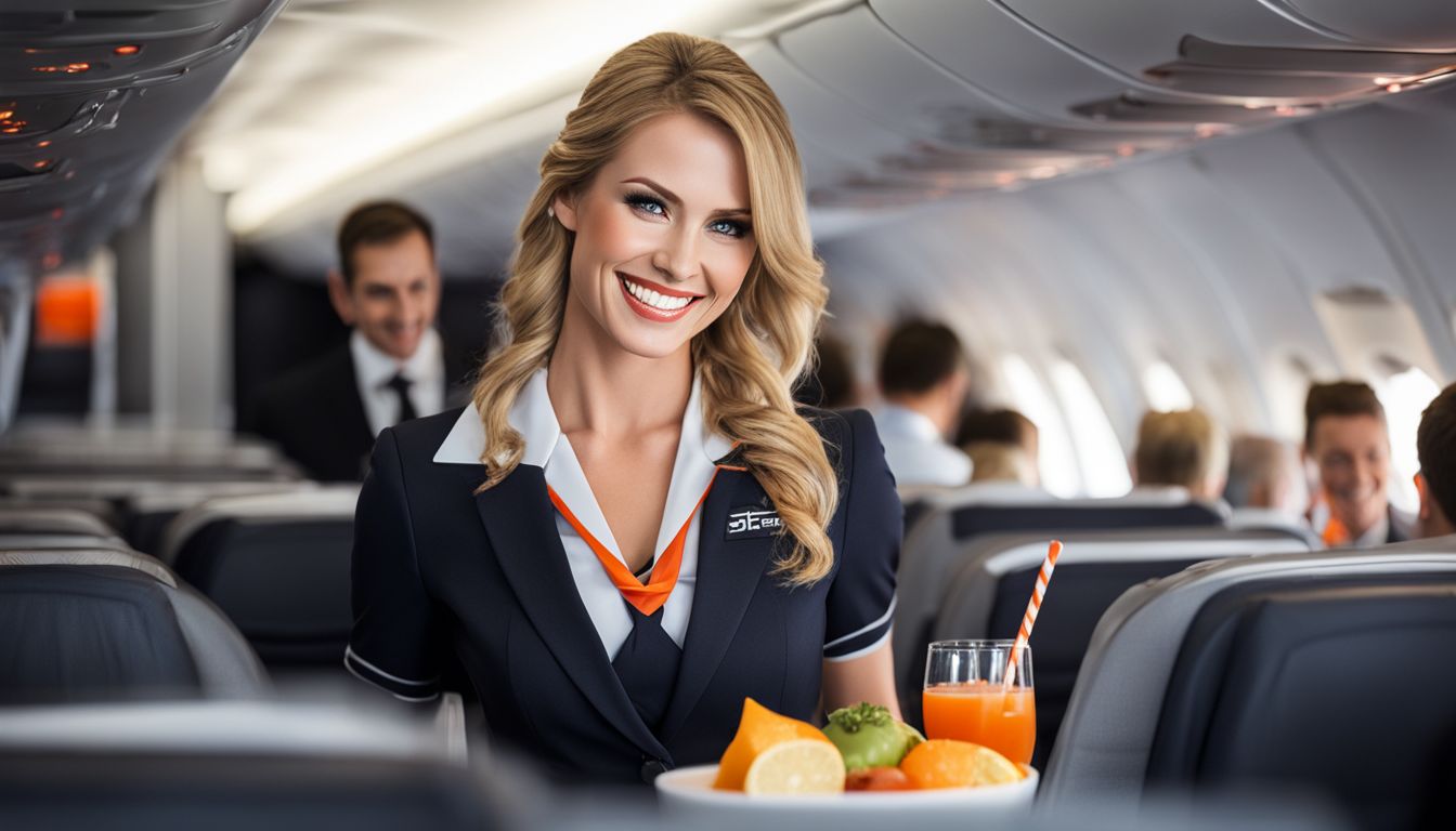 A smiling flight attendant serving refreshments on a Jetstar Pacific plane in a vibrant and bustling atmosphere.