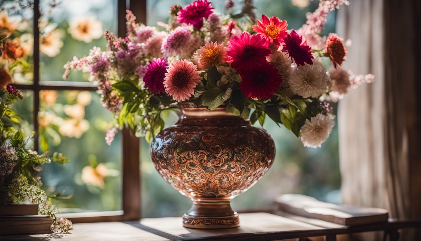 A photo of an intricately designed vase surrounded by vibrant flowers in a bustling atmosphere.