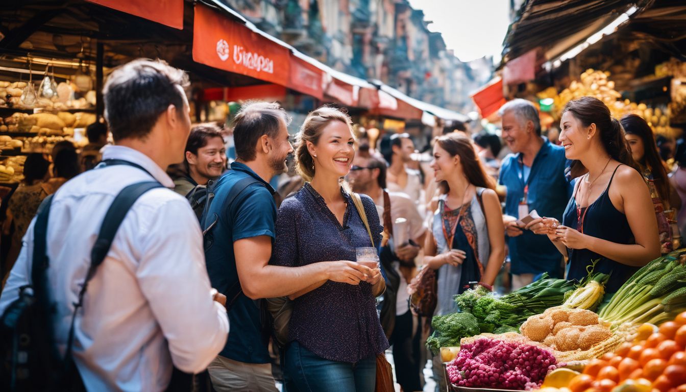 A diverse group of tourists gathers around a tour guide in a lively market, listening attentively.