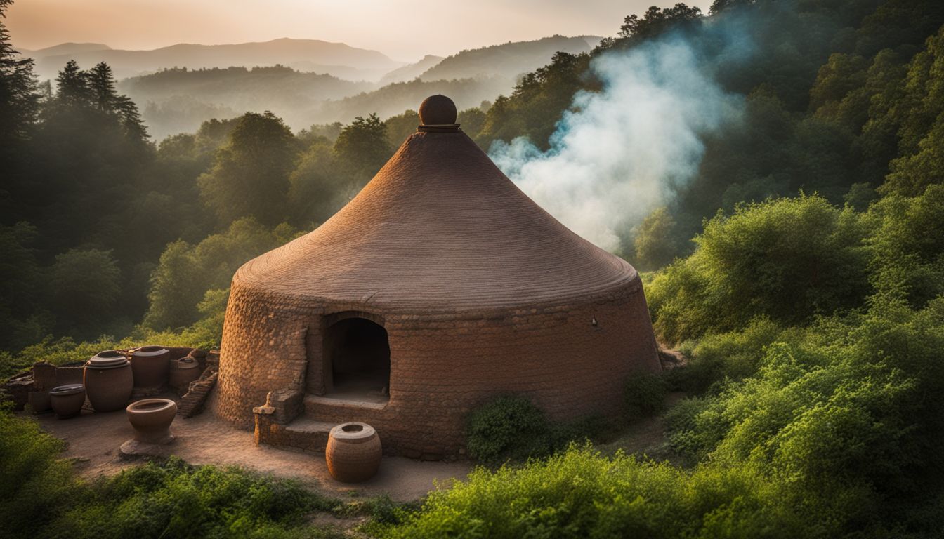 A traditional pottery kiln surrounded by lush greenery in a bustling atmosphere.