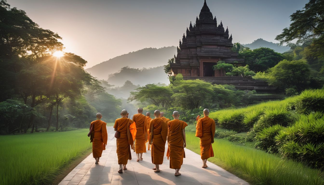 A group of Buddhist monks walking towards a Lanna-style viharn in a beautiful garden setting.