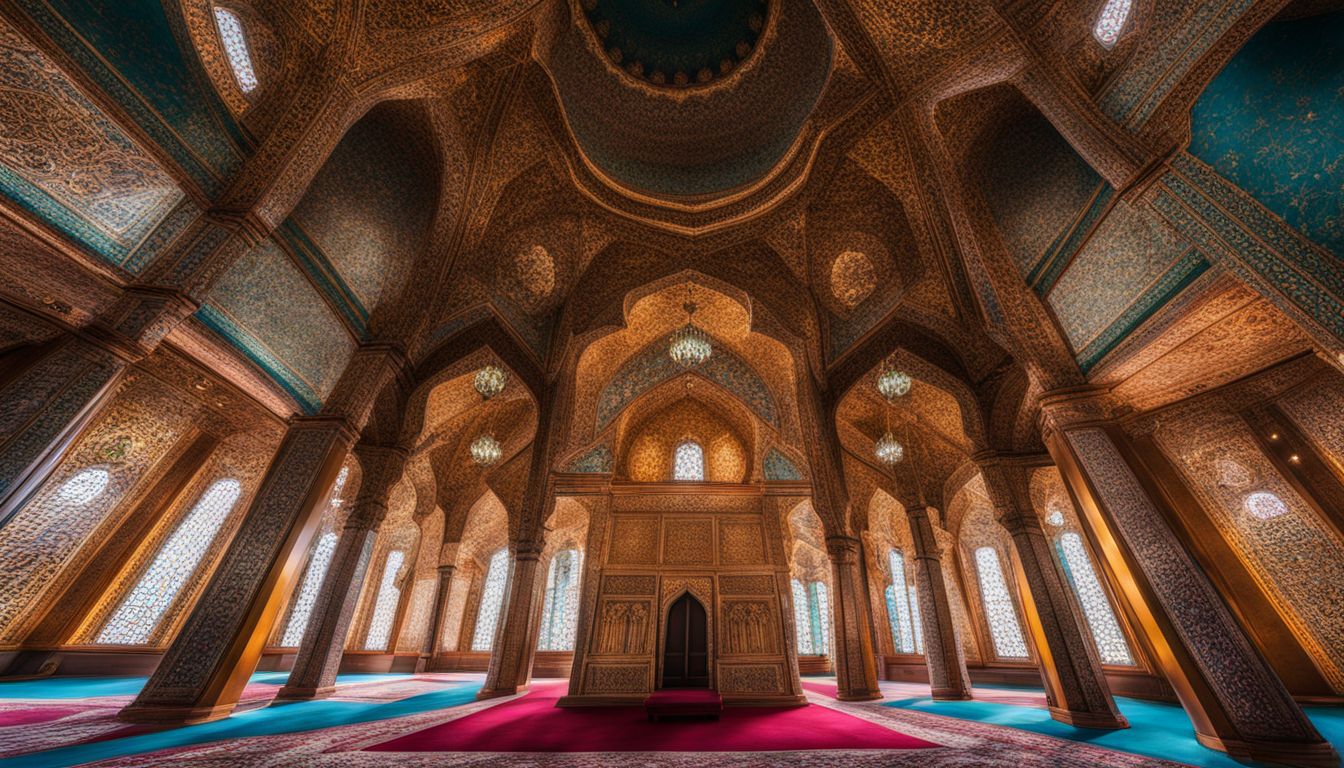 The photo showcases the intricately designed interiors of a lesser-known mosque in Bangkok, highlighting its unique architectural features and bustling atmosphere.