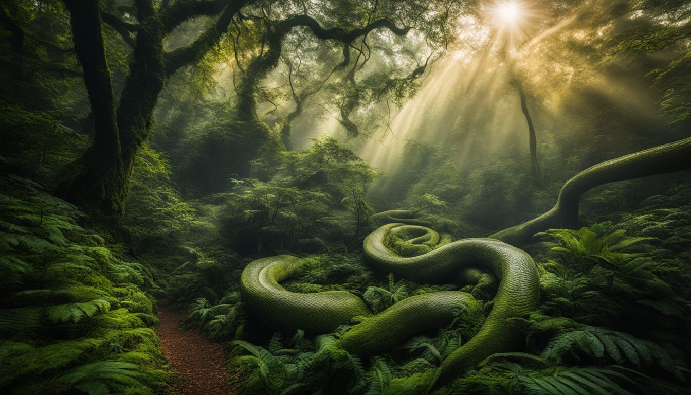 A mystical forest with the Naga slithering through the trees, showcasing wildlife photography capturing a bustling atmosphere.