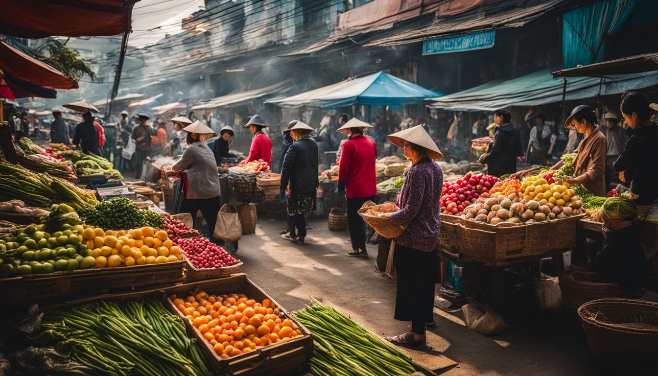 A vibrant traditional Vietnamese market filled with diverse vendors and colorful produce.