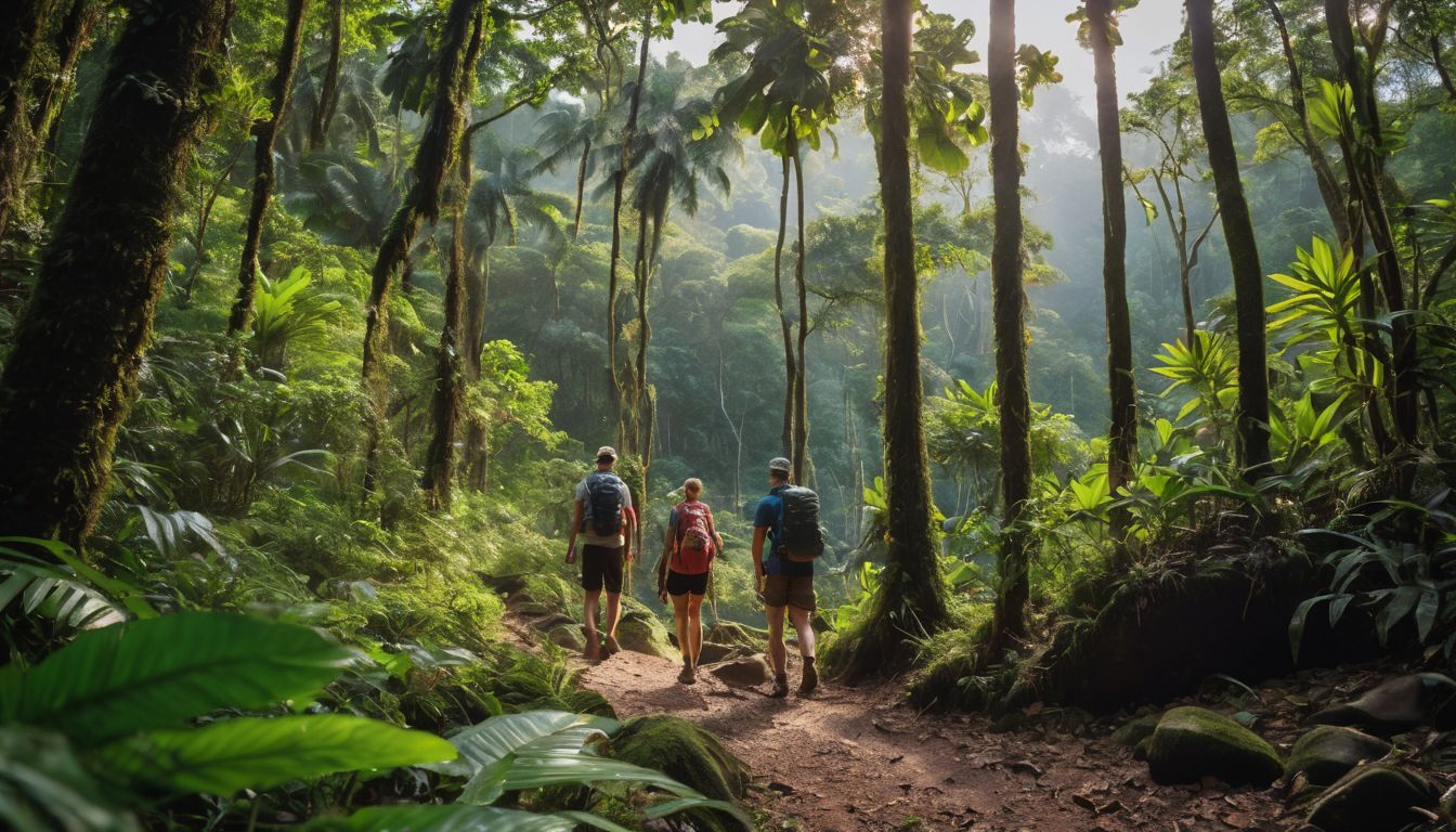 A diverse group of hikers explore the lush rainforest of Khao Phra Thaeo National Park in a bustling atmosphere.