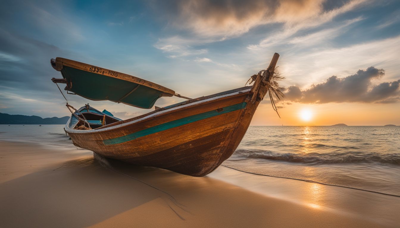 A tranquil scene of a wooden fishing boat on a beautiful beach with a diverse group of people.
