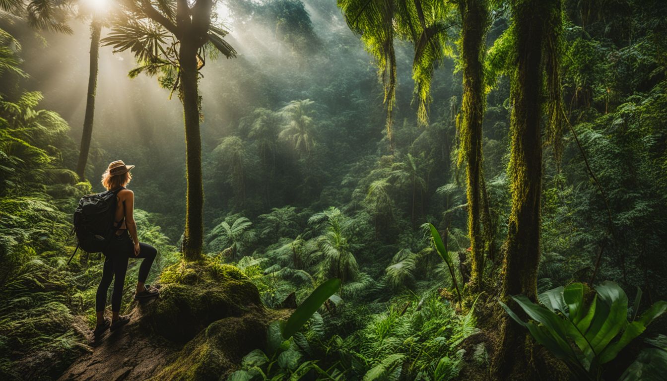 An adventurer explores a tropical rainforest, surrounded by lush greenery, capturing the beauty of nature.