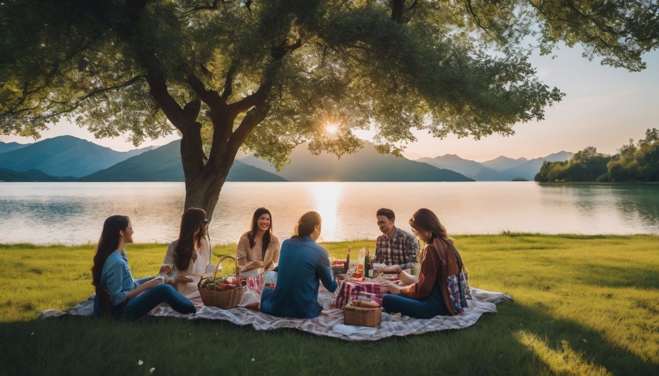 A diverse group of people enjoy a picnic by an artificial lake surrounded by nature.