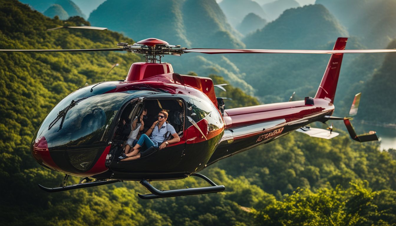 A luxury traveler enjoys a private helicopter ride over the picturesque landscapes of Vietnam.