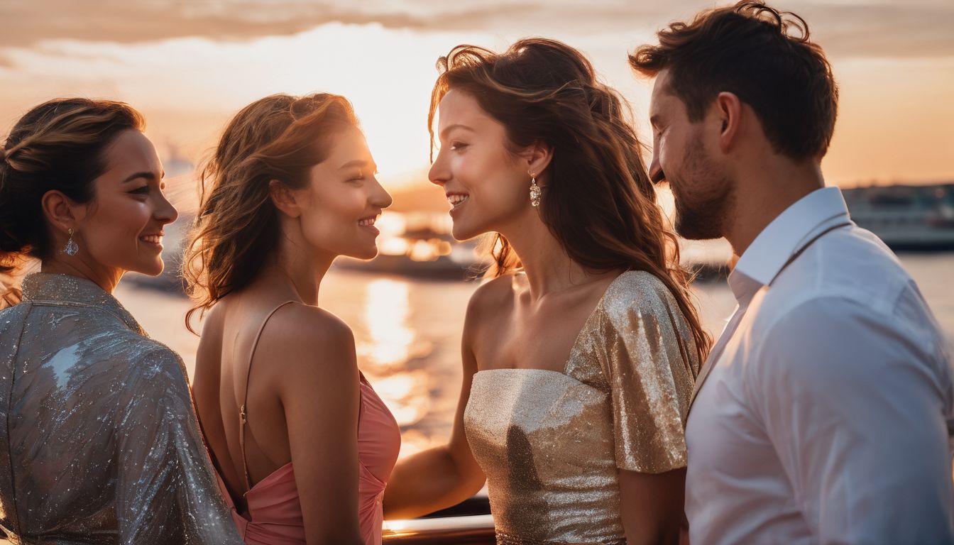 A diverse group of travelers enjoy a luxurious sunset on a cruise ship deck.