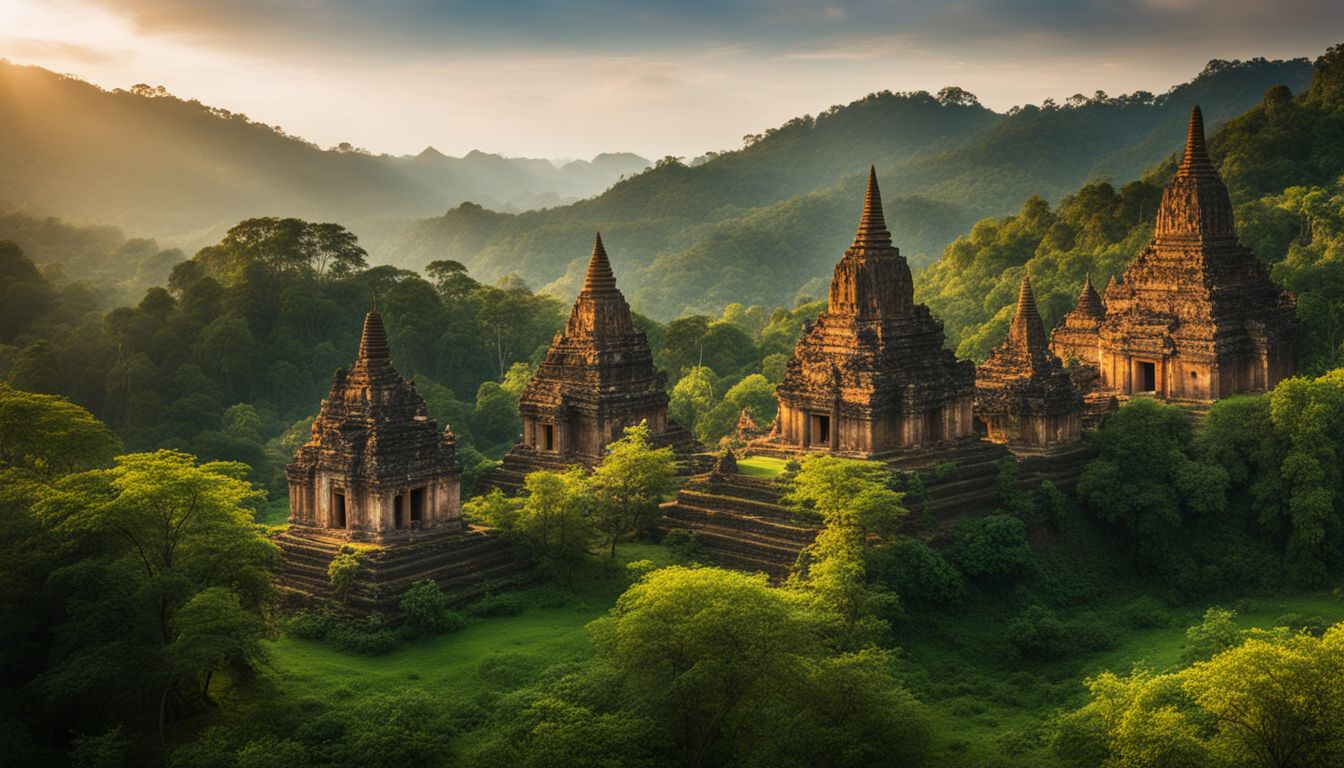 A photo of Ancient Cham temples surrounded by lush greenery, capturing the bustling atmosphere and unique architectural beauty.