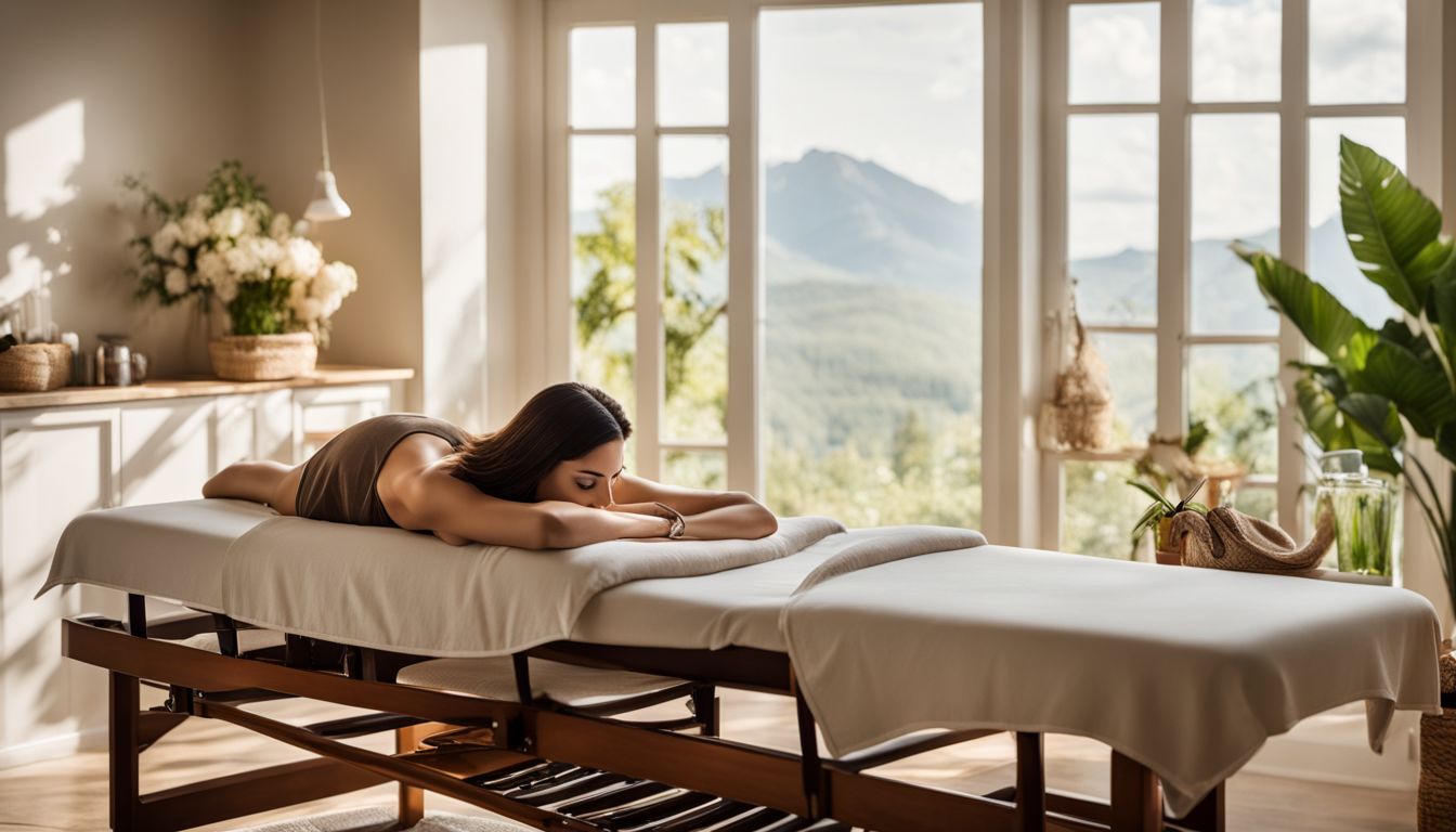 A woman enjoying a spa massage surrounded by soothing decorations and nature photography.