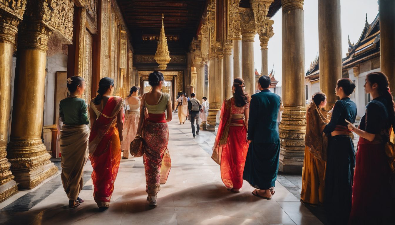 A group of diverse tourists exploring the Grand Palace in a bustling atmosphere.