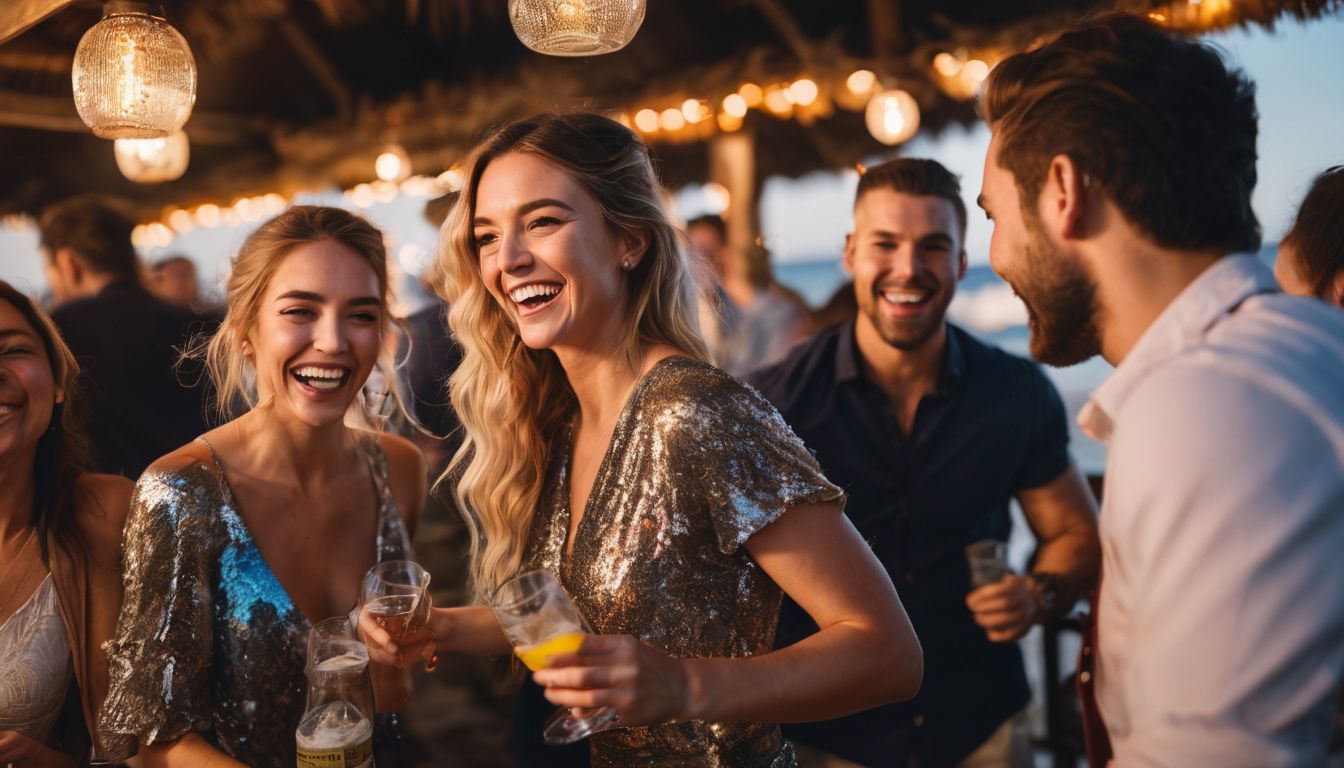 A group of friends having a fun time dancing and laughing at a beachside bar.