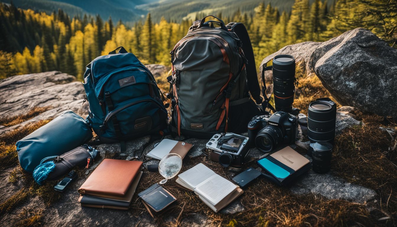 A neatly organized backpack with travel essentials on a scenic mountain trail, capturing the bustling atmosphere of nature exploration.