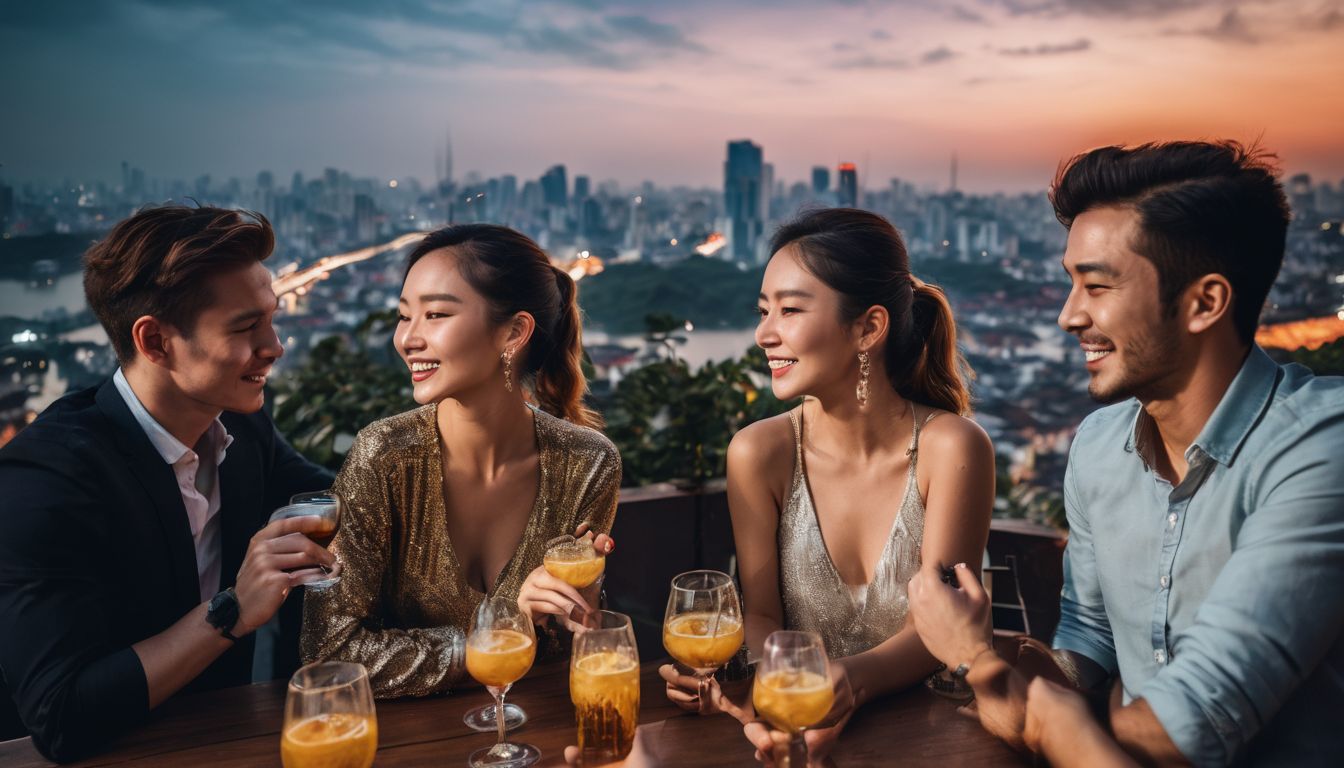 A group of friends enjoying a rooftop bar with views of Hanoi's city skyline.