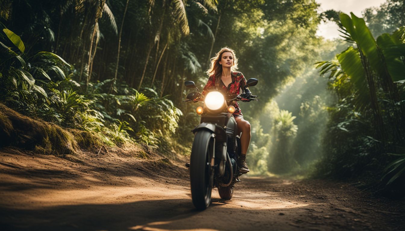 A woman on a motorbike explores a lush tropical forest in a captivating landscape photograph.