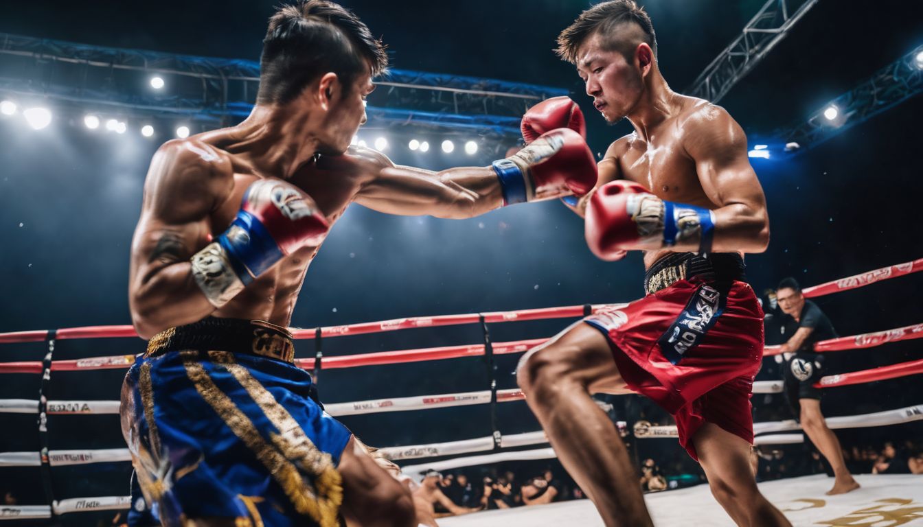 A photo of Muay Thai fighters showcasing their skills in a vibrant outdoor arena.