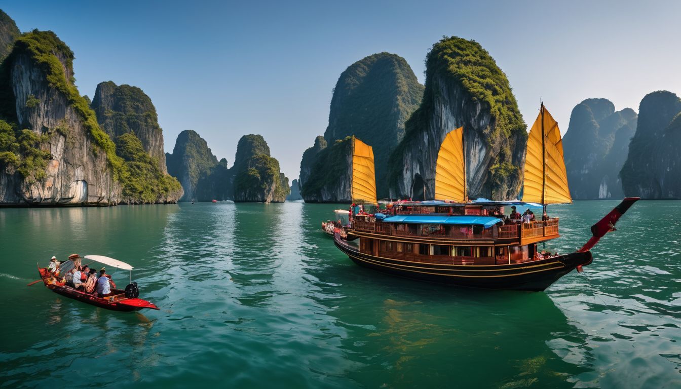 A diverse group of travelers enjoys a boat tour in Ha Long Bay.