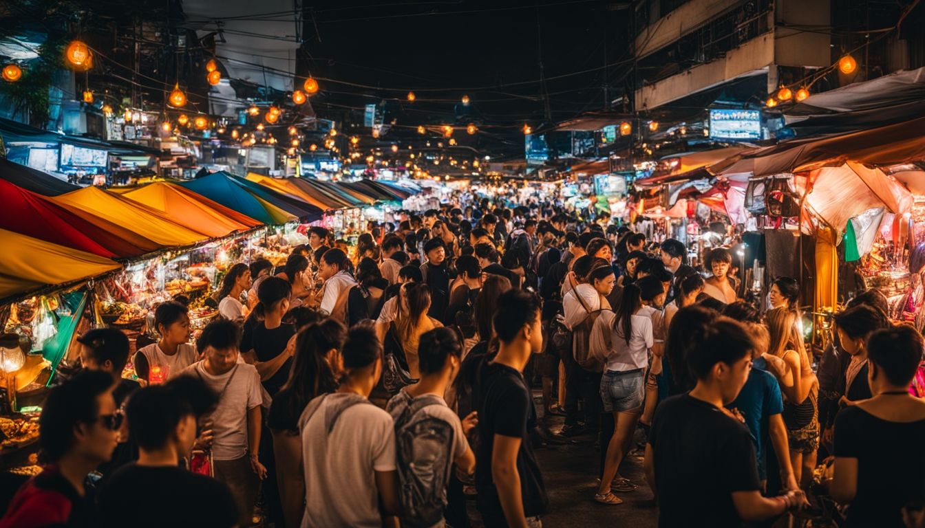 A lively night market in Patpong filled with tourists and colorful lights.