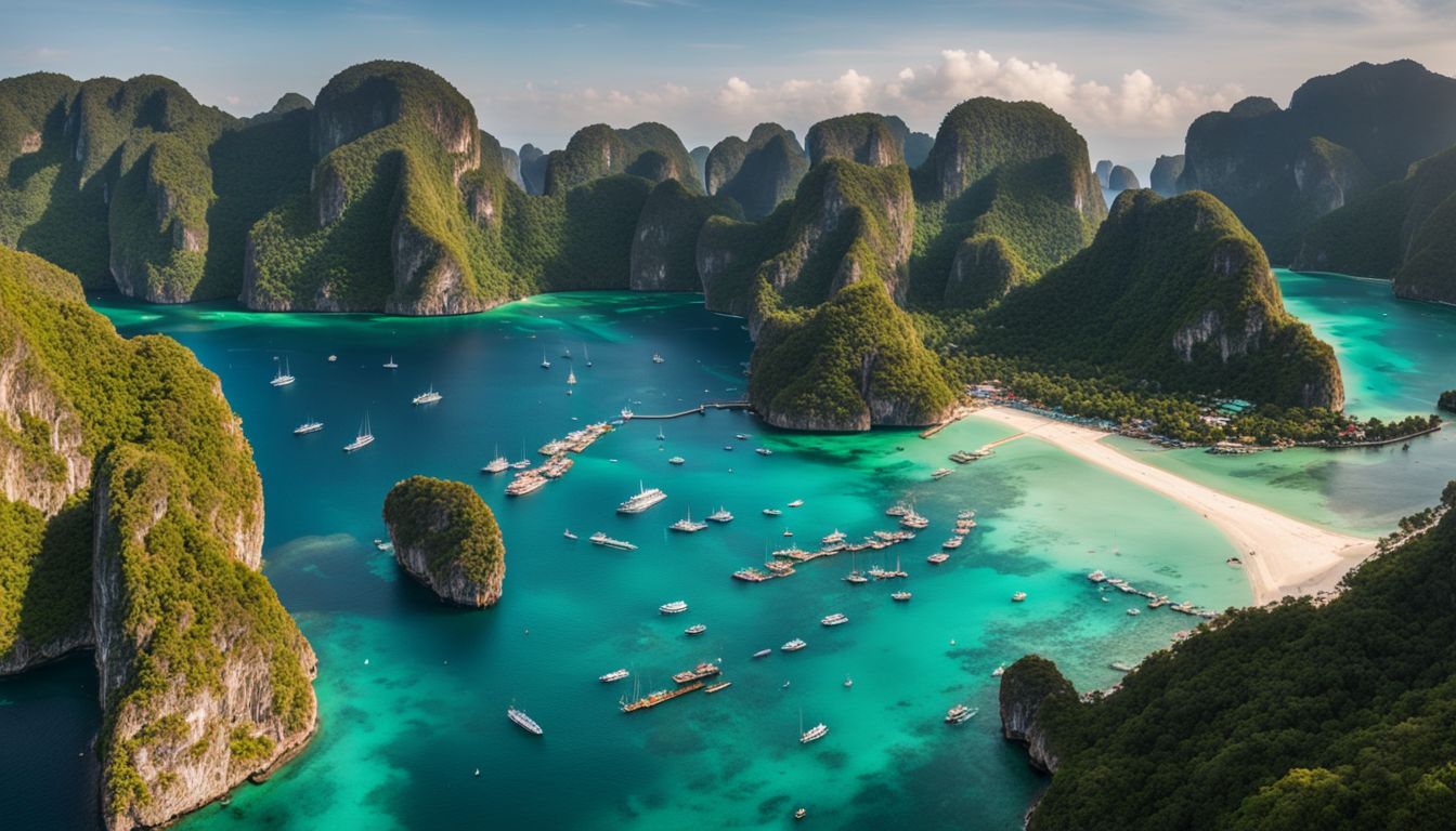 A panoramic aerial shot of the bustling Phi Phi Islands, showcasing the beauty of the different faces and outfits of the people.