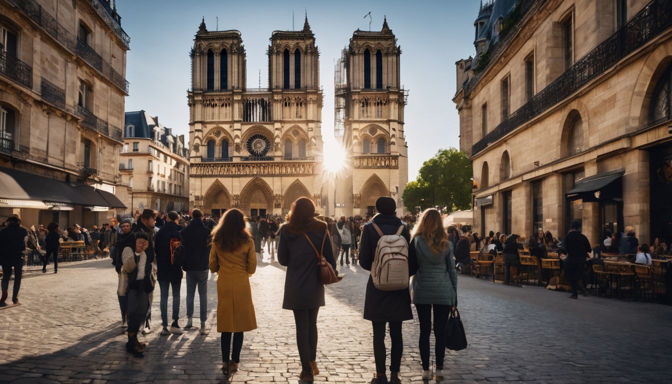 A diverse group of tourists poses in front of the Notre-Dame Cathedral for a photo.