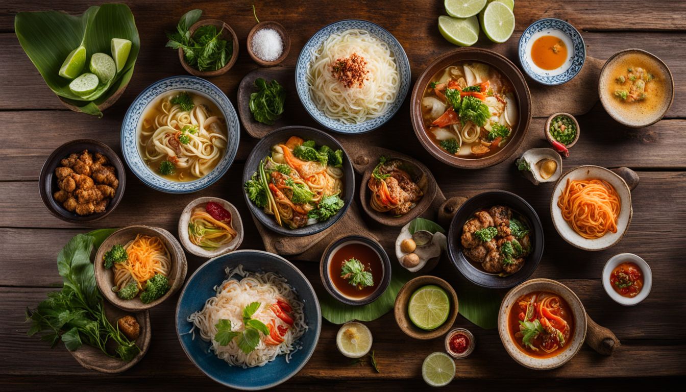 A vibrant display of traditional Vietnamese dishes on a wooden table, captured with high-quality photography techniques.