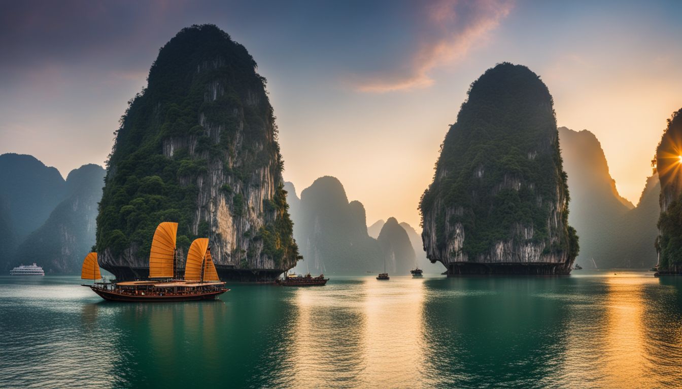 A stunning panoramic view of Ha Long Bay at sunrise, featuring a diverse group of people in various outfits.