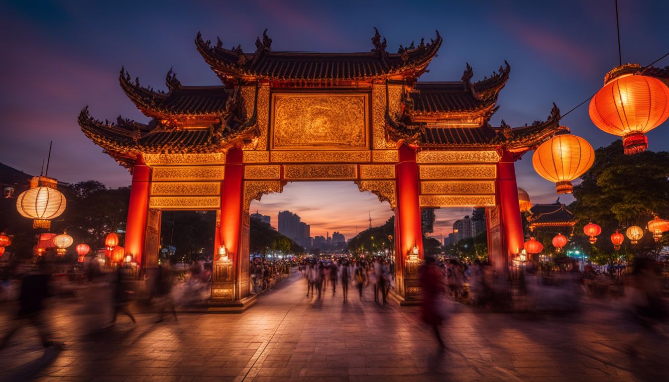 A photograph of Tha Phae Gate at sunset surrounded by colorful lanterns, capturing the bustling atmosphere and variety of people and styles.