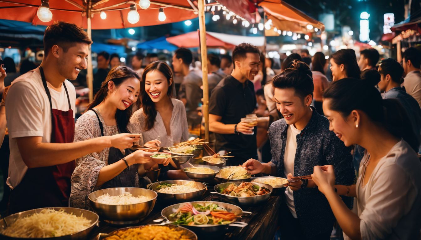 A diverse group of friends indulges in a Thai street food feast at a bustling night market.