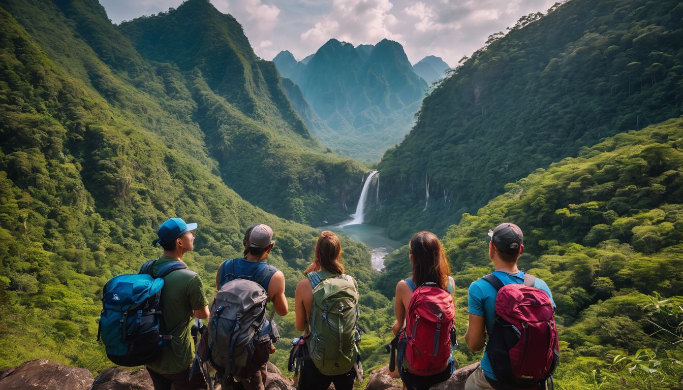 A group of hikers taking a break near Na Muang Waterfalls enjoy the picturesque view.