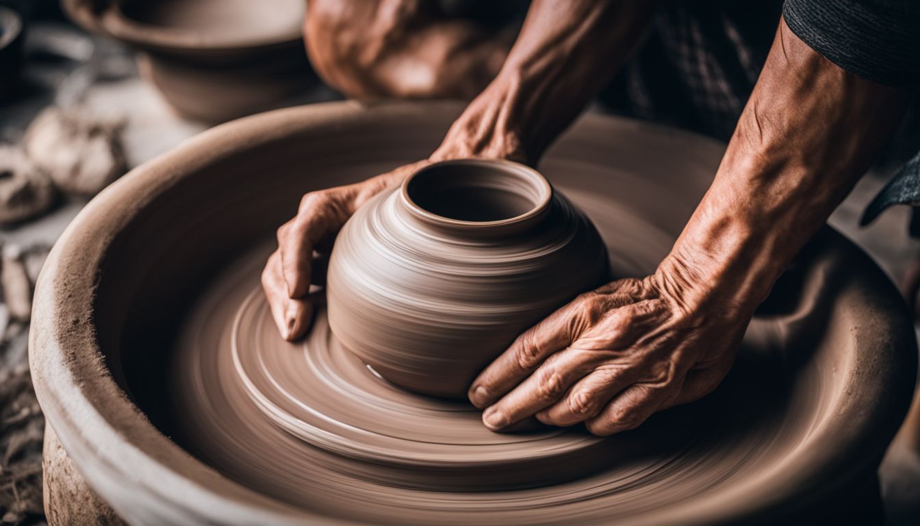 A Thai artisan shapes clay on a pottery wheel in a bustling atmosphere.