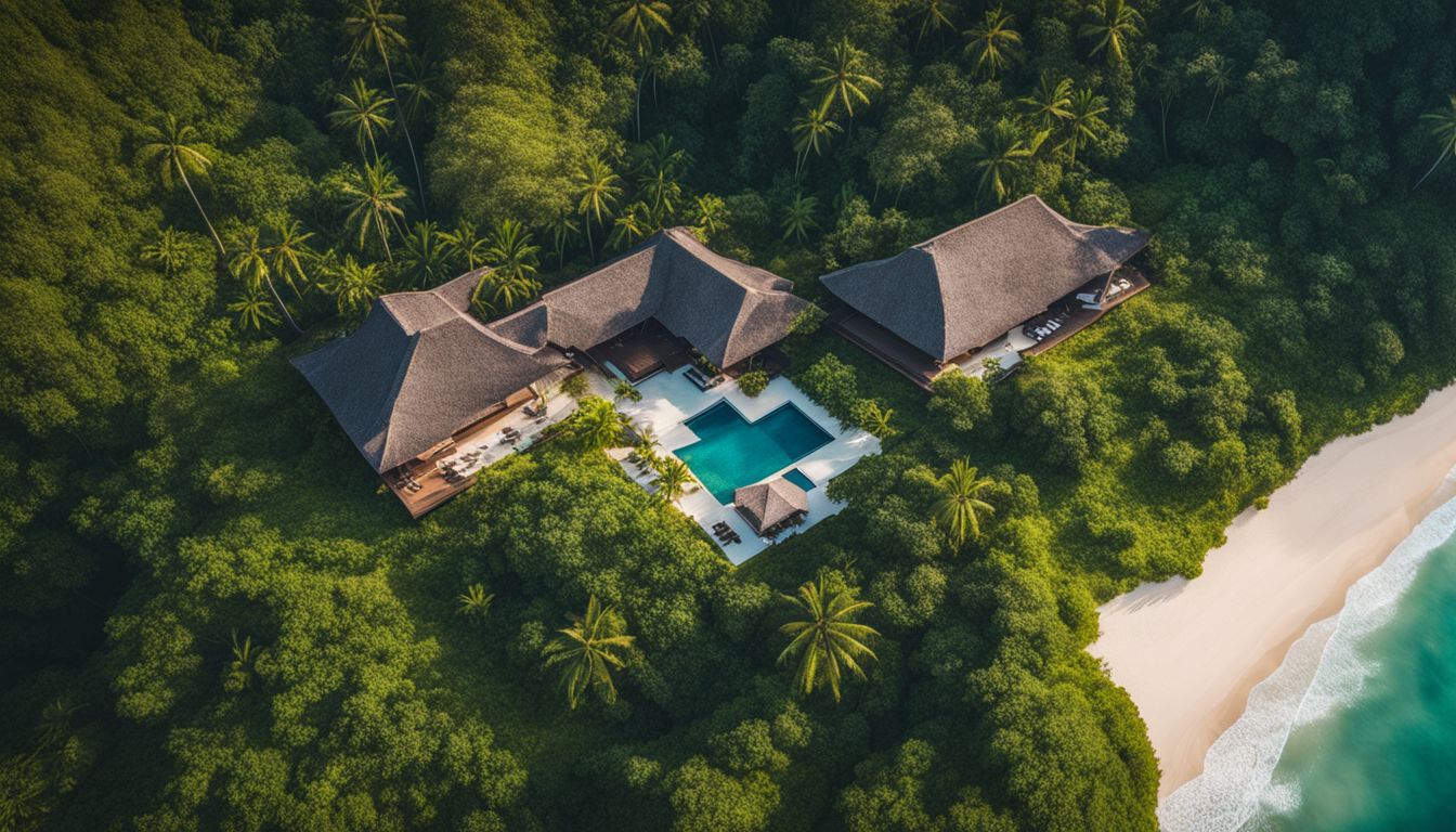 A stunning aerial view of Naman Retreat surrounded by lush greenery and overlooking a pristine beach.
