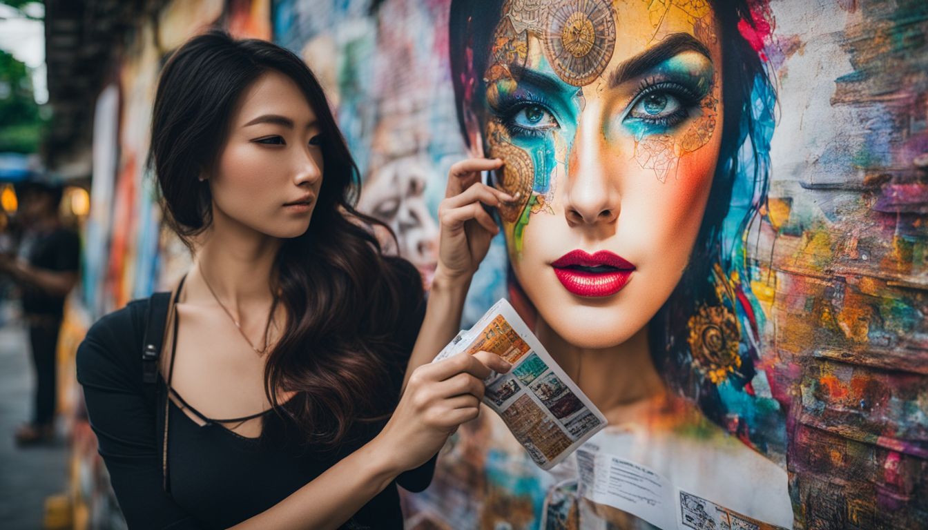 A woman in Bangkok holds a map surrounded by vibrant street art.