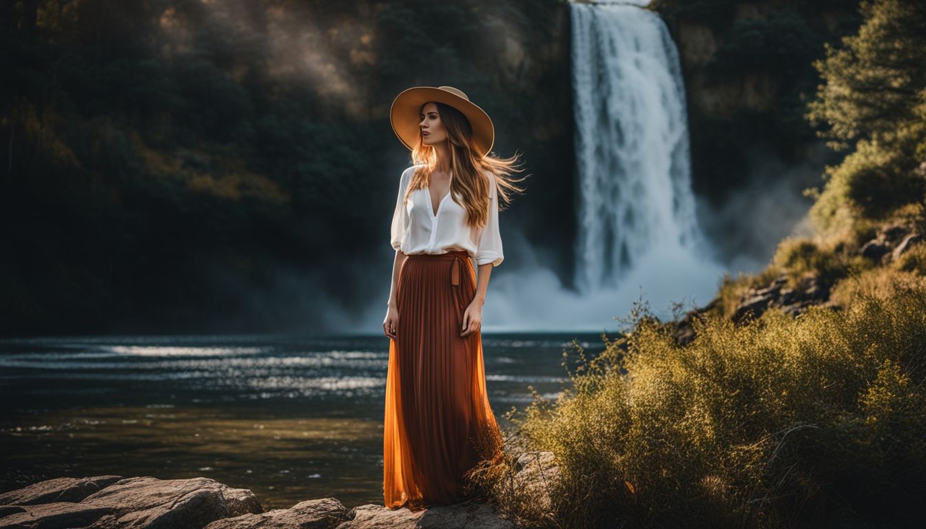 A woman stands in front of a beautiful waterfall wearing a hat, showcasing different outfits and hair styles in various settings.
