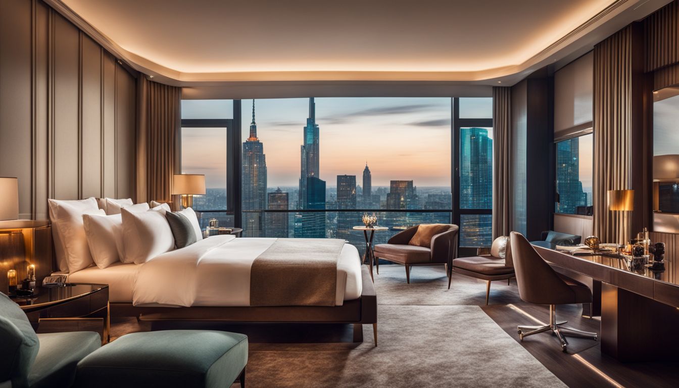 A photo of a luxurious hotel room with a comfortable bed and cityscape view.