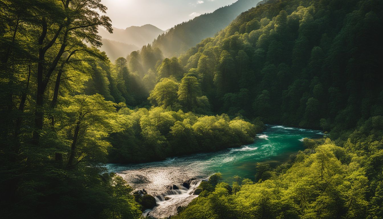 A stunning photograph of a vibrant forest with a meandering river, showcasing diverse wildlife and lush foliage.