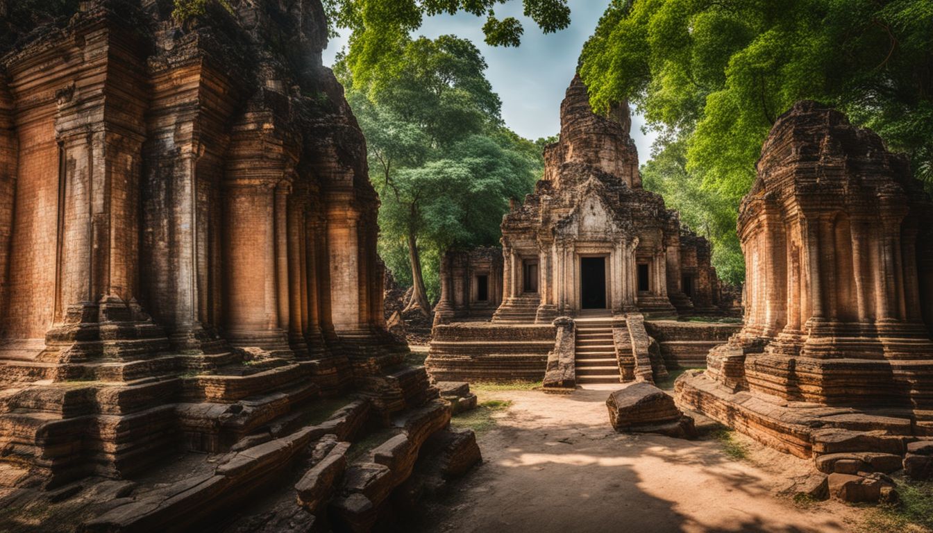 The photo showcases the ancient temple ruins surrounded by lush greenery in Ayutthaya, Thailand.