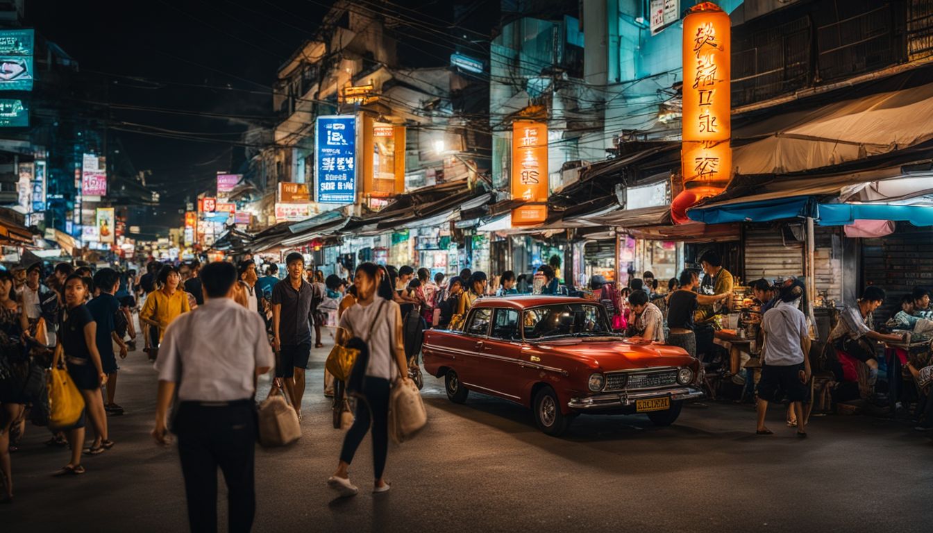 A vibrant nighttime cityscape photograph capturing the bustling streets of Bangkok's central district.