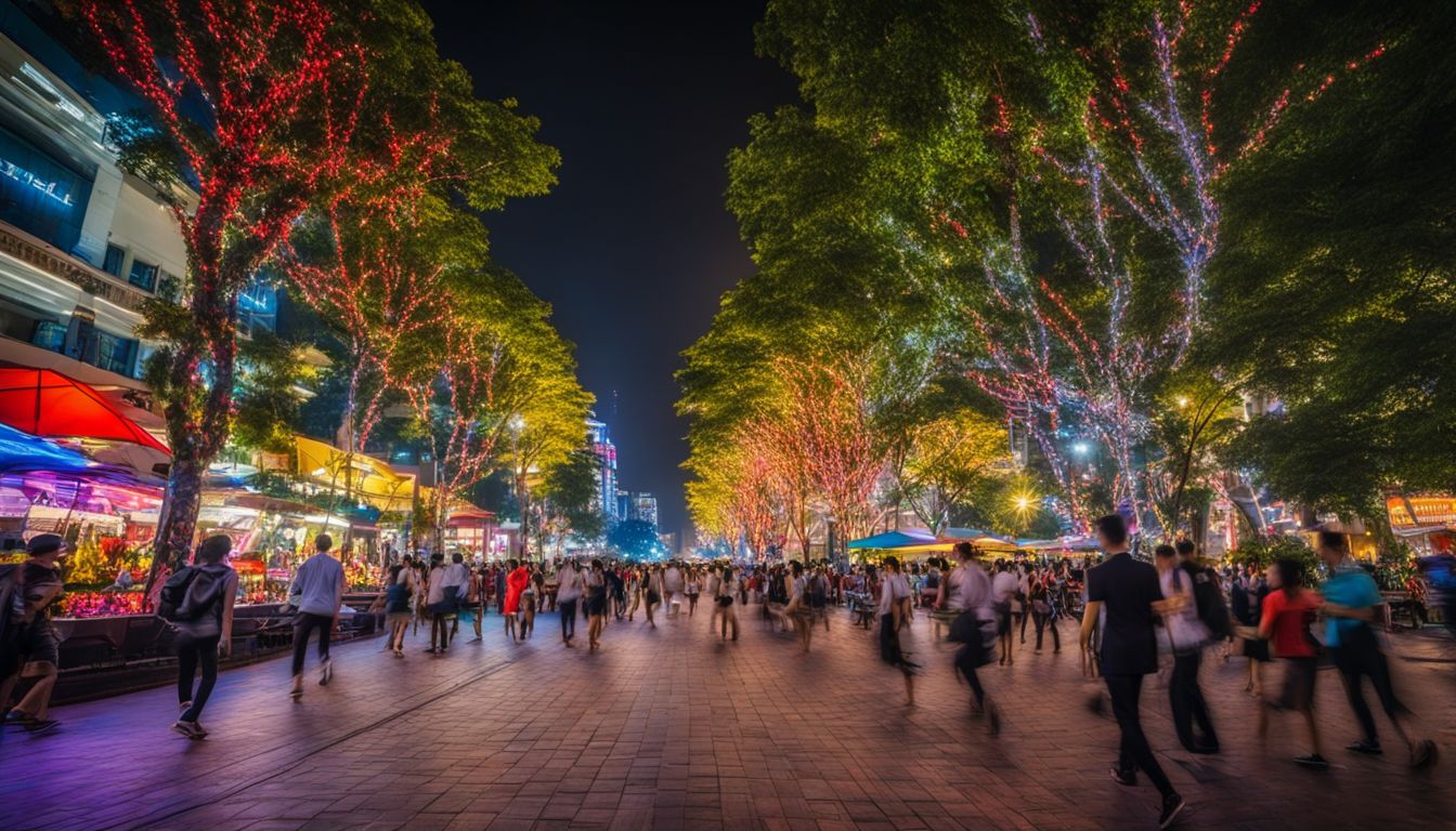 A vibrant night scene of bustling Nguyen Hue Walking Street with colorful lights and a lively atmosphere.