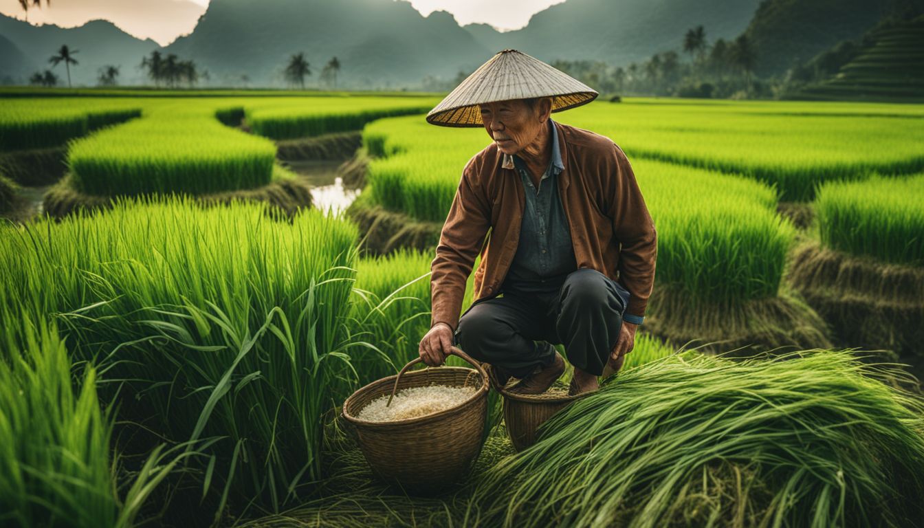 A photograph of a traditional Vietnamese farmer working in a rice paddy.