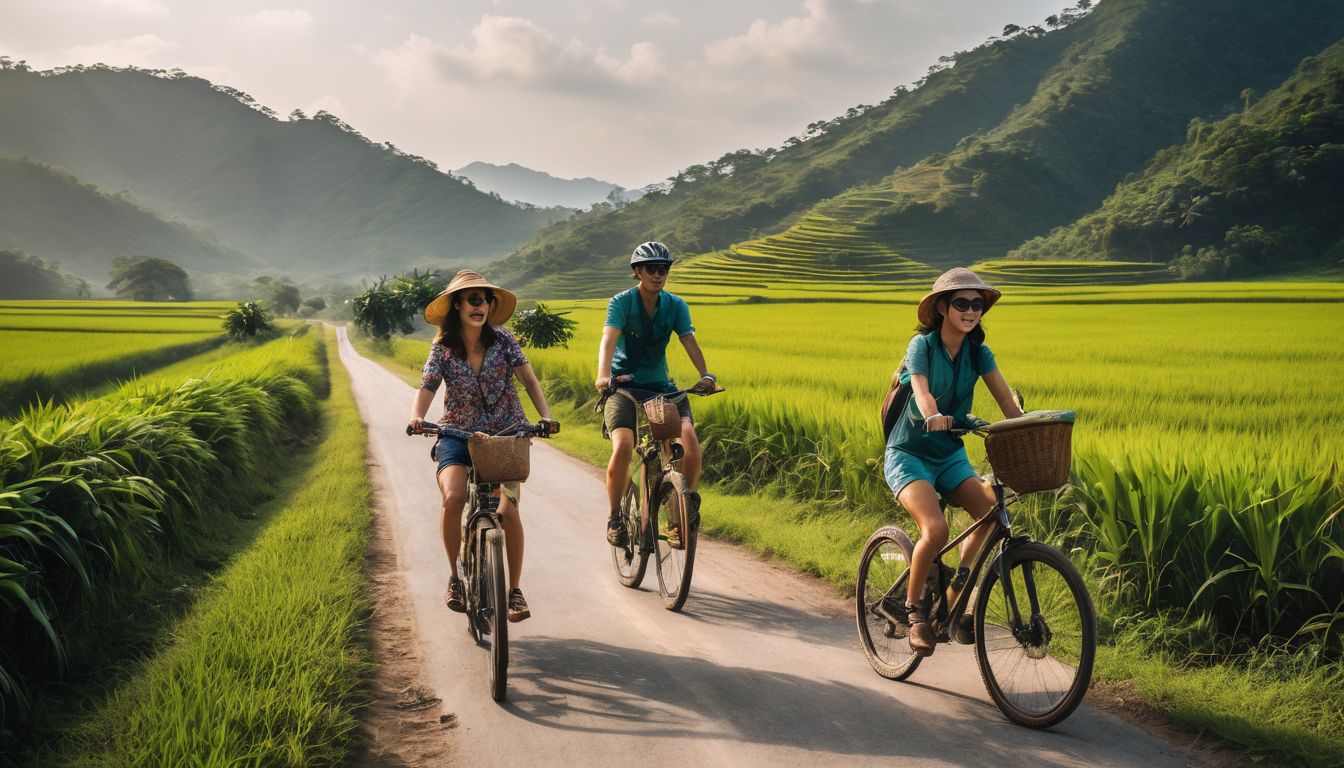 A group of diverse friends enjoy biking through the scenic countryside of Vietnam.